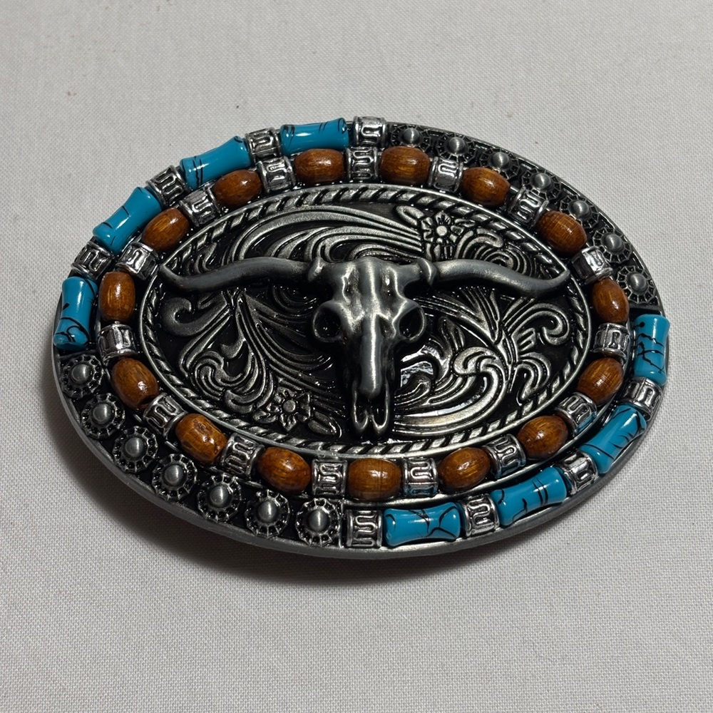 New Cowboy Western Belt Buckle Silver Tone Turquoise and Bull Skull Nice Detail